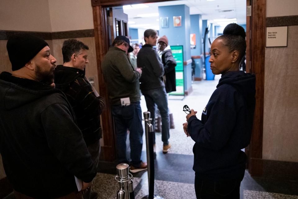 Shelby County Clerk Wanda Halbert speaks to people waiting in line for motor vehicle renewals and registrations while giving a tour of the clerk’s office to The Commercial Appeal in Memphis, Tenn., on Friday, January 5, 2024.