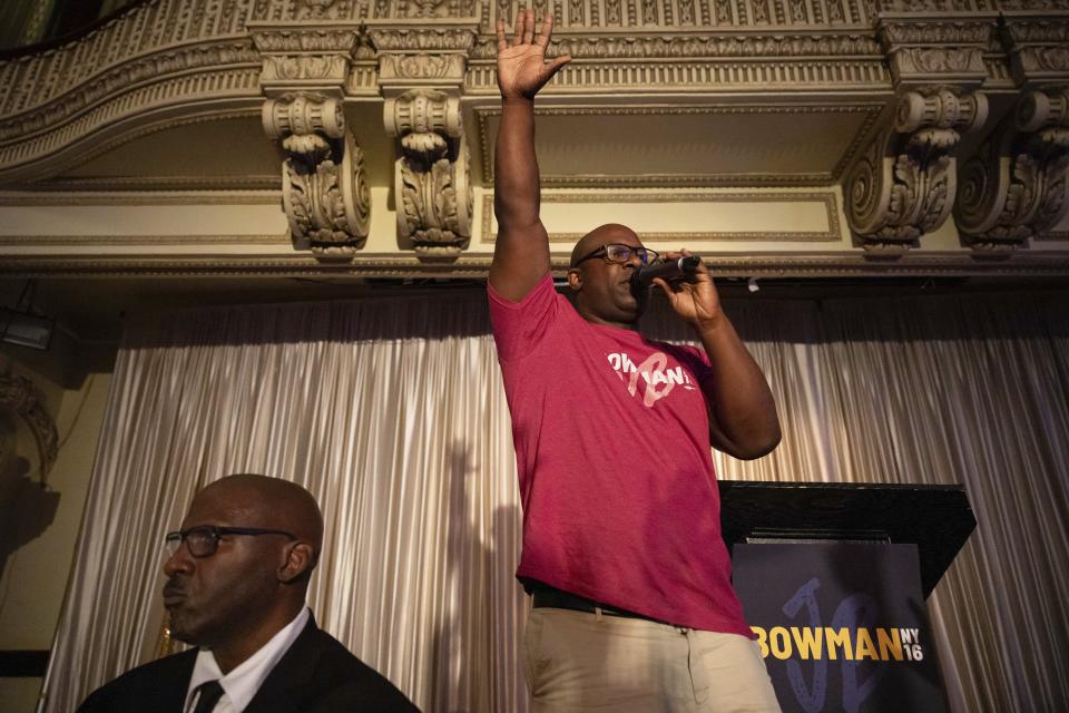 Rep. Jamaal Bowman, D-N.Y. speaks during an election night watch party on Tuesday, June 25, 2024, in Yonkers, N.Y. (AP Photo/Yuki Iwamura)