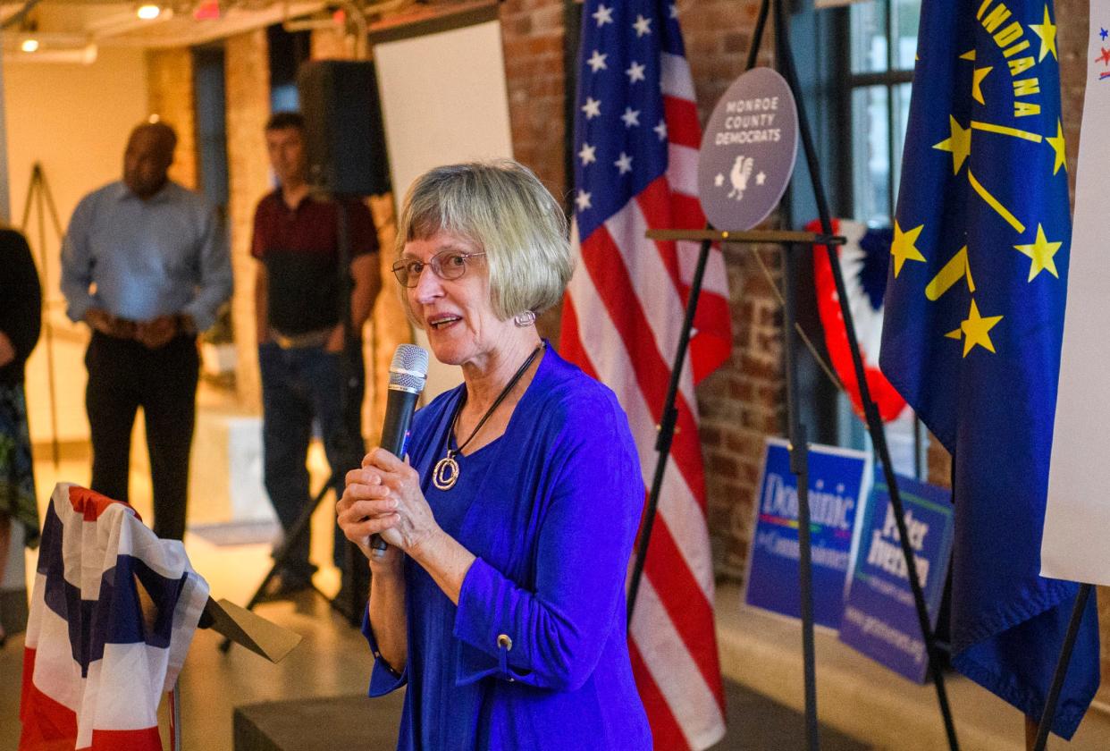 Democratic nominee for District 62 Penny Githens speaks to attendees at the Democratic watch party at The Mill on Tuesday, May 3, 2022.