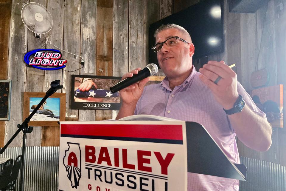 Republican candidate for Illinois governor Darren Bailey speaks to voters during a campaign stop in Athens on June 14.