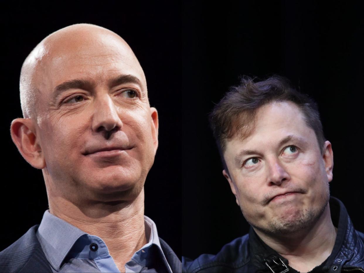 Jeff Bezos (left) smirks in a composite image next to Elon Musk 
(right) grimacing.