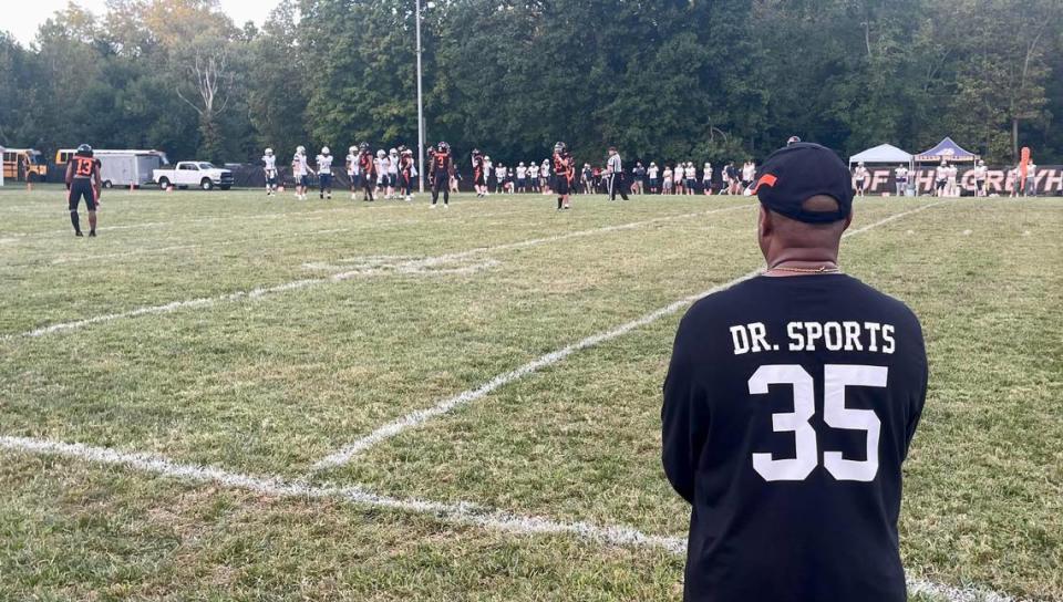 Bourbon County Citizen sports writer Ivan K. Rice sports his high school number and a nod to his “Doctor of Sports” nickname on his Paris High School shirt as he watches the Greyhounds take on Hazard at Blanton Collier Stadium.