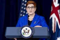 FILE - In this Sept. 16, 2021, file photo, Australian Foreign Minister Marise Payne speaks during a news conference with Australian Minister of Defense Peter Dutton, Secretary of State Antony Blinken, and Defense Secretary Lloyd Austin at the State Department in Washington. Australia said on Saturday, Sept. 18, it regretted France’s decision to recall its ambassador over the surprise cancellation of a submarine contract. (AP Photo/Andrew Harnik, File)