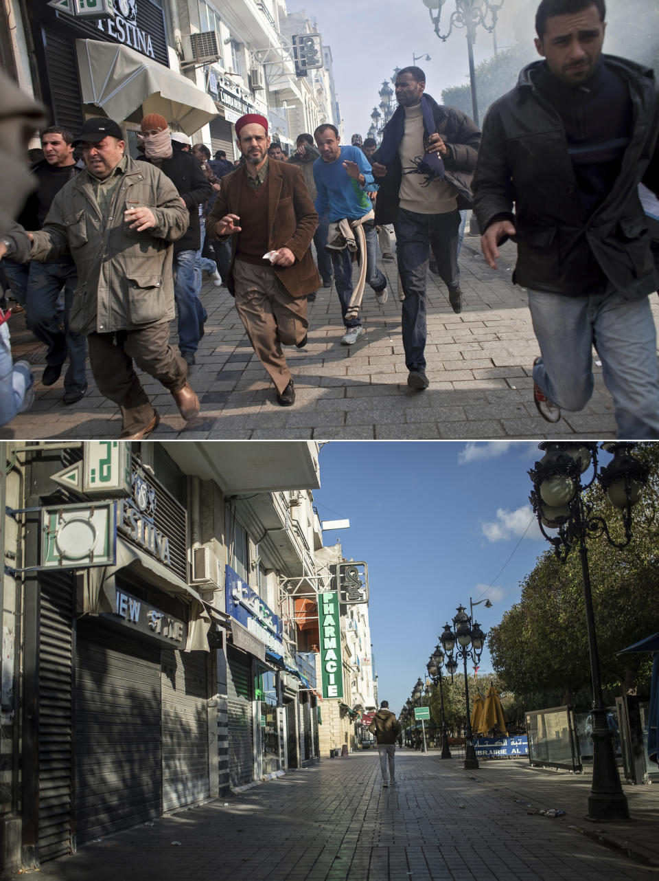 A combo image showing protestors running away from tear gas during a demonstration against former Tunisian President Zine El Abidine Ben Ali in the center of Tunis, Monday, Jan. 17. 2011, top, and a man walking past closed shops in Tunis' landmark Avenue Habib Bourgiba, during a national lockdown after a surge in Covid-19 cases, in Tunis, Thursday, Jan. 14, 2021. Tunisia is commemorating the 10th anniversary since the flight into exile of its iron-fisted leader, Zine El Abidine Ben Ali, pushed from power in a popular revolt that foreshadowed the so-called Arab Spring. But there will be no festive celebrations Thursday marking the revolution in this North African nation, ordered into lockdown to contain the coronavirus. (AP Photo/Thibault Camus, Mosa'ab Elshamy)