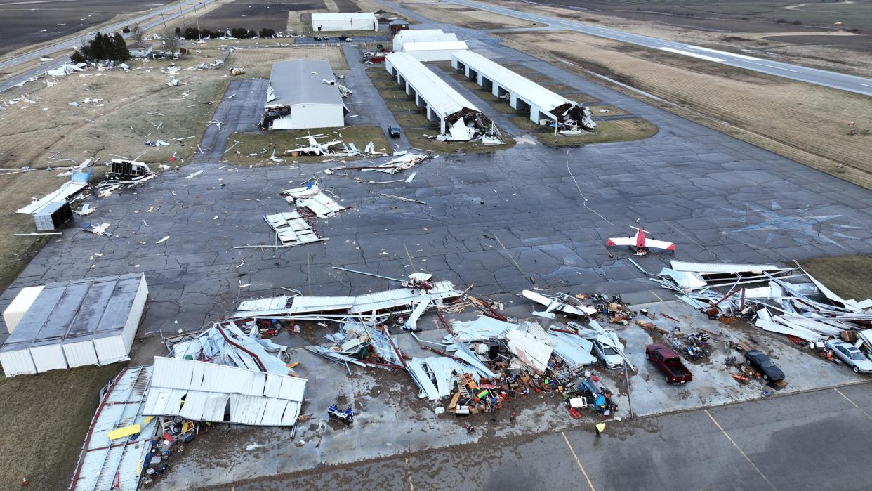 At least one hangar was destroyed and others along with airplanes heavily damaged after an EF2 tornado struck the Madison County Airport along U.S. 40 north of London in the pre-dawn hours Feb. 28, 2024.