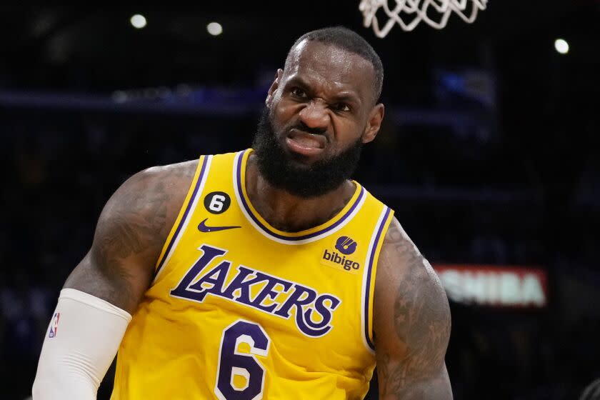Los Angeles Lakers forward LeBron James (6) reacts after scoring during the second half in Game 6 of an NBA basketball Western Conference semifinal series against the Golden State Warriors Friday, May 12, 2023, in Los Angeles. (AP Photo/Ashley Landis)
