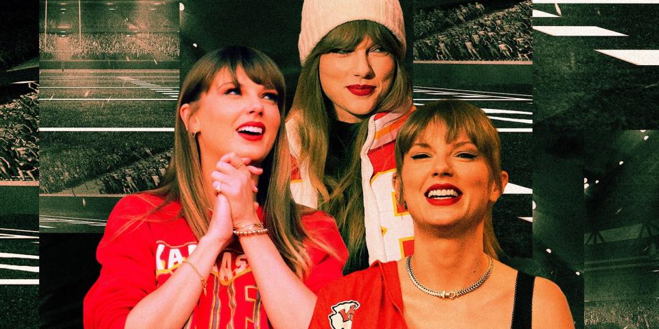 A collage of Taylor Swift at various Kansas City Chiefs games.