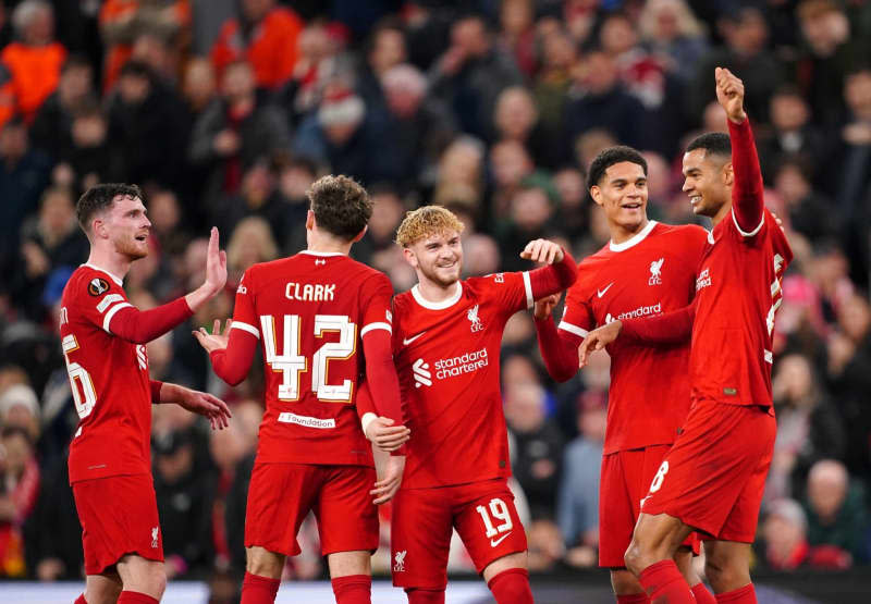 Liverpool's Cody Gakpo (R) celebrates scoring their side's sixth goal of the game during the UEFA Europa League Round of 16, second leg soccer match between Liverpool and Sparta Prague at Anfield. Peter Byrne/PA Wire/dpa