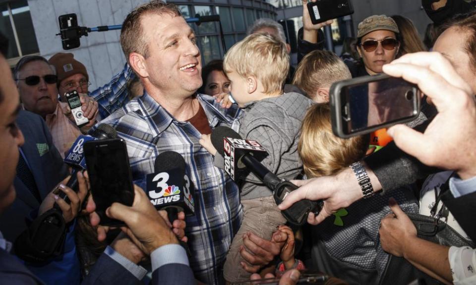 Ammon Bundy after being released from custody on 30 November 2017. Bundy led an armed takeover of public property to protest American land-use regulations in Oregon in 2016.