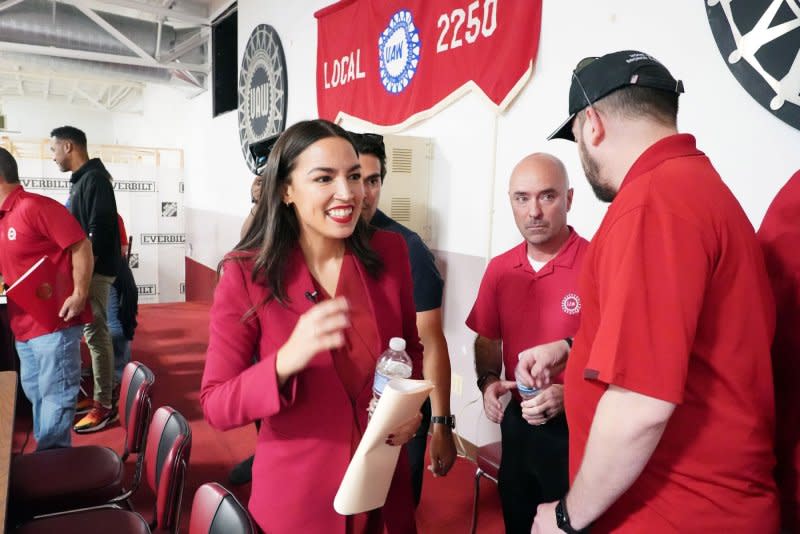 Rep. Alexandria Ocasio-Cortez, D-N.Y., leaves the stage after talking to striking United Auto Workers, members of 2250 of the General Motors Wentzville Assembly Plant in Wentzville, Missouri on Sunday, September 24, 2023. Photo by Bill Greenblatt/UPI
