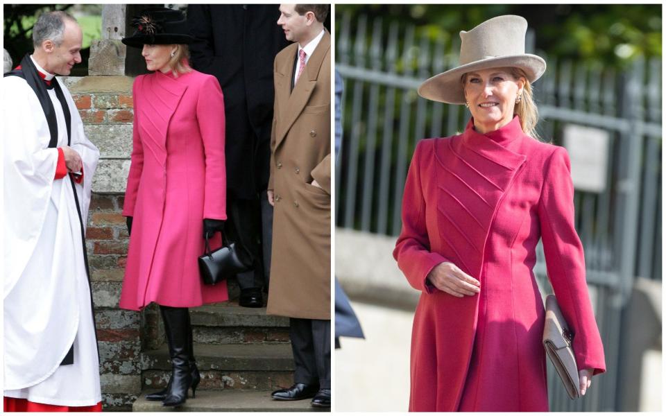 The Duchess of Edinburgh wore the same pink coat in 2005 (left) and during this year's Easter service