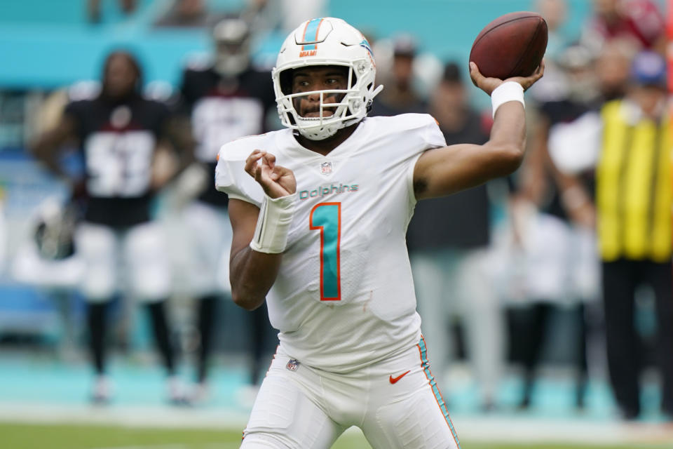 Miami Dolphins quarterback Tua Tagovailoa (1) aims a pass during the first half of an NFL football game against the Atlanta Falcons, Sunday, Oct. 24, 2021, in Miami Gardens, Fla. (AP Photo/Wilfredo Lee)