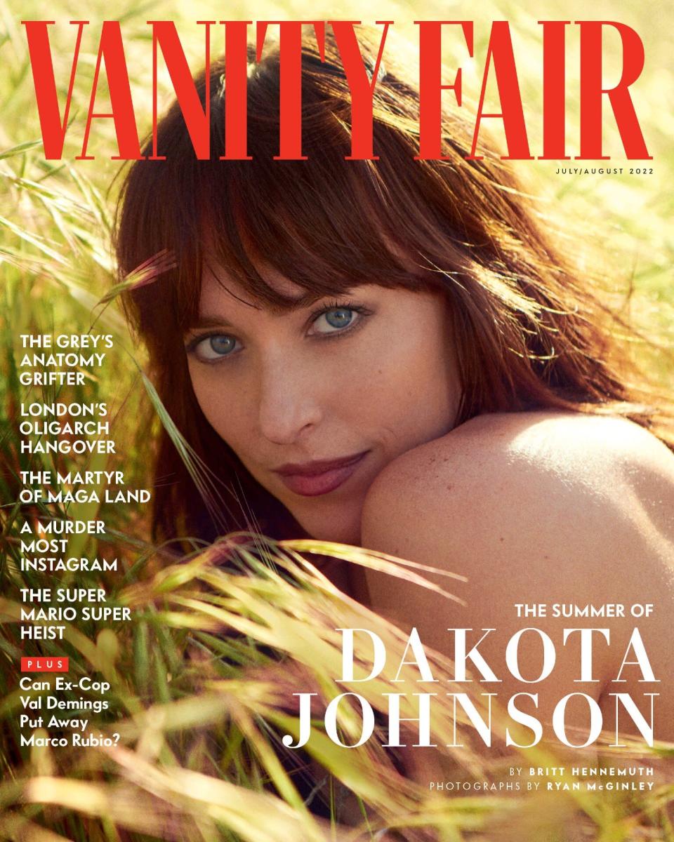 Dakota Johnson Vanity Fair Cover Photo Laying in Grass