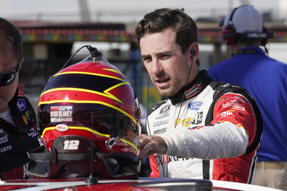 Ryan Blaney prepares for practice and qualifying at Richmond Raceway for Sunday's NASCAR Cup Series auto race Saturday, Aug. 13, 2022, in Richmond, Va. (AP Photo/Steve Helber)