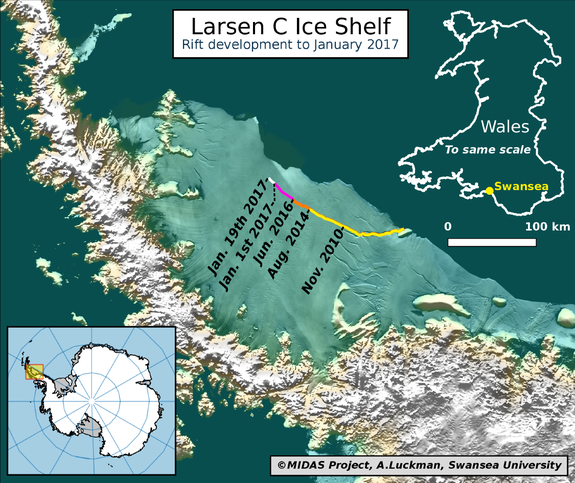 The rift in the Larsen C Ice Shelf, including the 6-mile extension in the past two weeks.