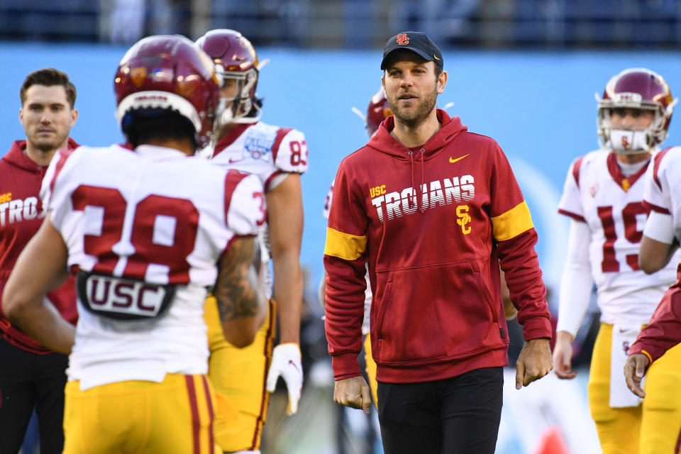 USC Trojans offensive coordinator Graham Harrell looks on before the San Diego County Credit Union Holiday Bowl on Dec.27, 2019. (Brian Rothmuller/Icon Sportswire via Getty Images)