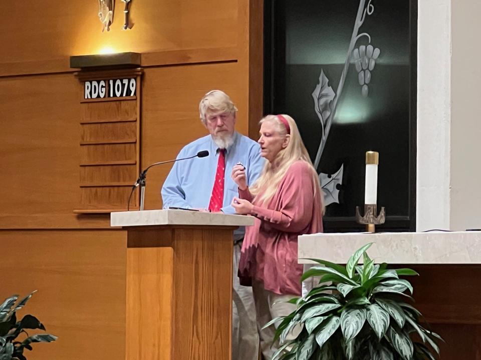 Andy and Kate Grosmaire explain the idea of restorative justice as it relates to respect for the dignity of life at a Cities for Life prayer service, Nov. 30, 2023