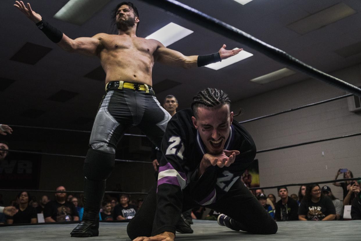 During a tag team match, Damian Chambers stands over Chase Capazo. Pro wrestling returns to Monroe Aug. 2 to the Robert A. Hutchinson FOP Hall at 1051 Strasburg Road with IWR 22-The Insane Rumble.