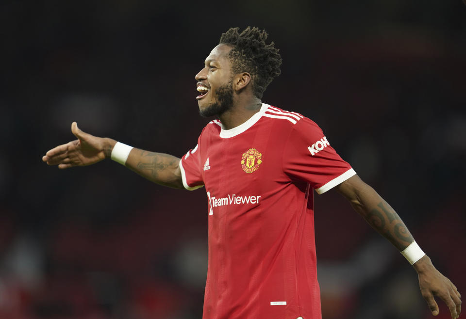 Manchester United's Fred celebrates at the end of the English Premier League soccer match between Manchester United and Crystal Palace at Old Trafford stadium in Manchester, England, Sunday, Dec. 5, 2021. (AP Photo/Jon Super)