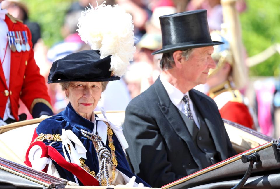 WINDSOR, ENGLAND - JUNE 17: Anne, Princess Royal and Vice Admiral Sir Timothy Laurence depart the Order Of The Garter Service at Windsor Castle on June 17, 2024 in Windsor, England. The Order of the Garter, Britain's oldest chivalric order established by Edward III, includes The King, Queen, Royal Family members, and up to 24 companions honoured for their public service. Companions of the Garter are chosen personally by the Sovereign to honour those who have held public office, who have contributed in a particular way to national life or who have served the Sovereign personally. (Photo by Chris Jackson - WPA Pool/Getty Images)
