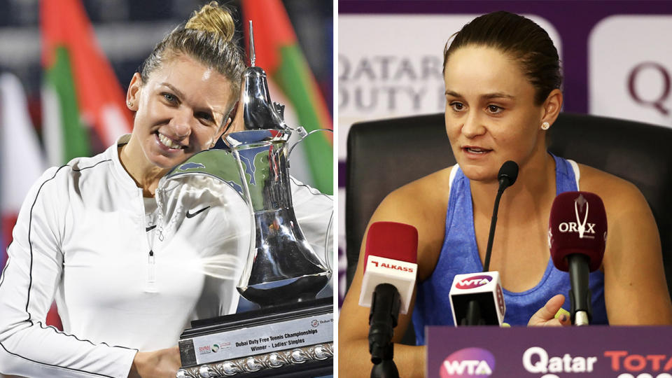 Simona Halep (pictured left) with a trophy and Ash Barty (pictured right) speaking to the media.