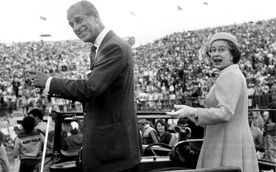 Queen Elizabeth II and Prince Philip Duke of Edinburgh at the closing ceremony of the 1982 Commonwealth Games in Brisbane - Fairfax Media 