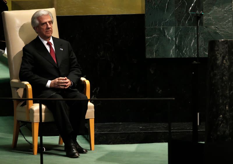 President Tabare Vazquez of Uruguay waits to address the United Nations General Assembly in New York
