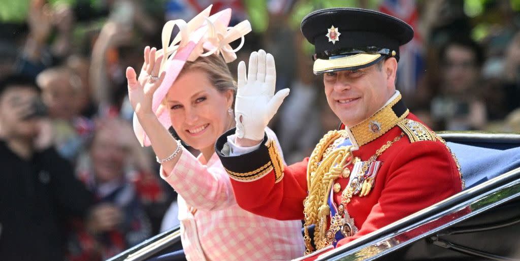 london, england june 02 prince edward, earl of wessex, and sophie, countess of wessex, travel in a horse drawn carriage during trooping the colour, the queens annual birthday parade, on june 02, 2022 in london, englandtrooping the colour, also known as the queens birthday parade, is a military ceremony performed by regiments of the british army that has taken place since the mid 17th century it marks the official birthday of the british sovereign this year, from june 2 to june 5, 2022, there is the added celebration of the platinum jubilee of elizabeth ii in the uk and commonwealth to mark the 70th anniversary of her accession to the throne on 6 february 1952 photo by samir husseinwireimage