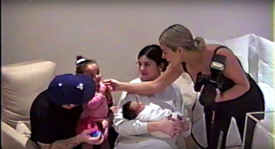 Rob Kardashian with daughter Dream and Kylie Jenner holding Chicago West next to Kim Kardashian West