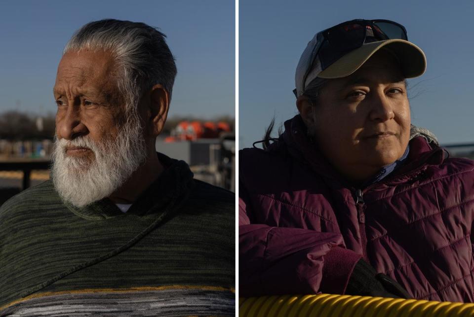 Maverick County residents Mike Garcia, left, and his daughter Amerika Garcia Grewal, right, at Shelby Park in Eagle Pass. The two have different political beliefs but are both alarmed at Gov. Abbott's tactics on the border. <cite>Credit: Eddie Gaspar/The Texas Tribune</cite>