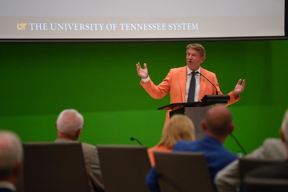 Randy Boyd, president of the University of Tennessee, speaks during the board of trustees' annual meeting in Knoxville on June 24. At the two-day meeting, the board approved tuition increases across all UT campuses.