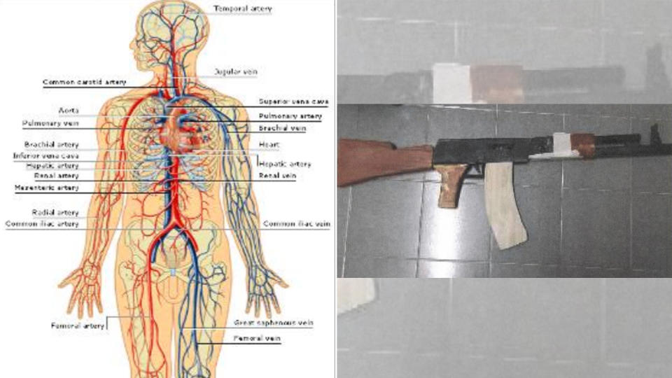 Amirull is said to have downloaded a chart (left) showing the human vascular system to help him plan where to stab his victims, and also made a replica AK-47 rifle (right) to practise with in prepartion for joining the AQB forces in Palestine. (PHOTOS: MHA)