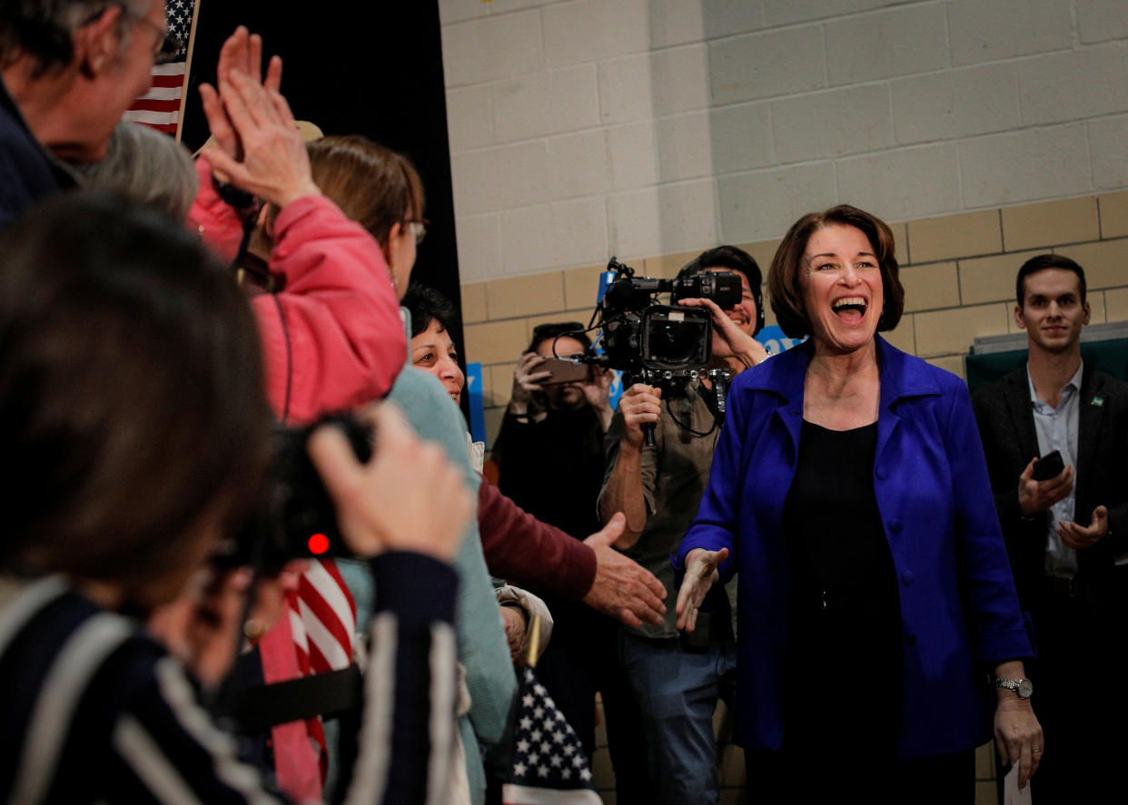 Democratic presidential candidate Sen. Amy Klobuchar is greeted by supporters during a campaign event in Salem, New Hampshire, on Feb. 9. (Photo: Brendan McDermid / Reuters)