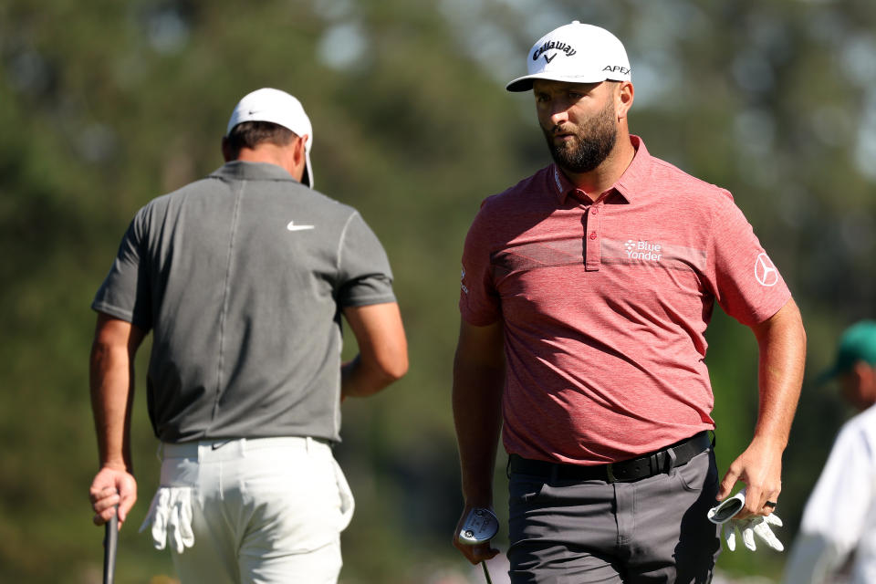 Jon Rahm (right) took control of the Masters on Sunday over Brooks Koepka (left), who began the final round with a two-shot lead. (Photo by Christian Petersen/Getty Images)