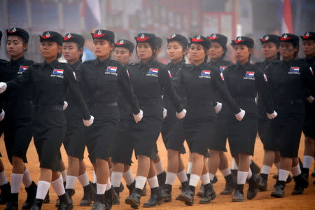 FILE PHOTO: Members of Karen National Party Force march during the 70th anniversary of Karen National Revolution Day in Kaw Thoo Lei, Kayin state, Myanmar January 31, 2019. REUTERS/Ann Wang/File Photo