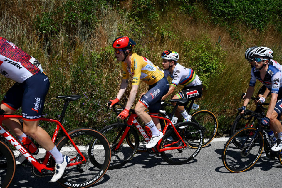 LEUKERBAD SWITZERLAND  JUNE 14 LR Mattias Skjelmose Jensen of Denmark and Team TrekSegafredo  Yellow leader jersey and Remco Evenepoel of Belgium and Team Soudal QuickStep compete during the 86th Tour de Suisse 2023 Stage 4 a 1525km stage from Monthey to Leukerbad 1367m  UCIWT  on June 14 2023 in Leukerbad Switzerland Photo by Dario BelingheriGetty Images