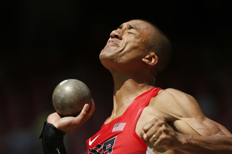 Ashton Eaton competes in the shot put in the men's decathlon at the IAAF World Championships at Beijing's Bird's Nest stadium on August 28, 2015