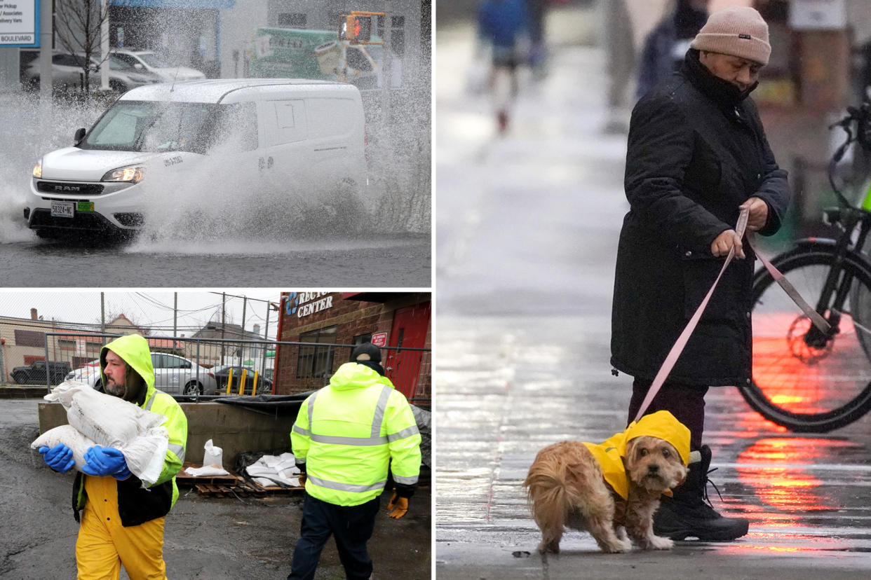 White van driving through puddle, shooting water up alongside of it; Yonkers employees distributing sandbags for flooding, seen in neon hazard jackets; woman walking dog in a raincoat on UWS, puddles in distance