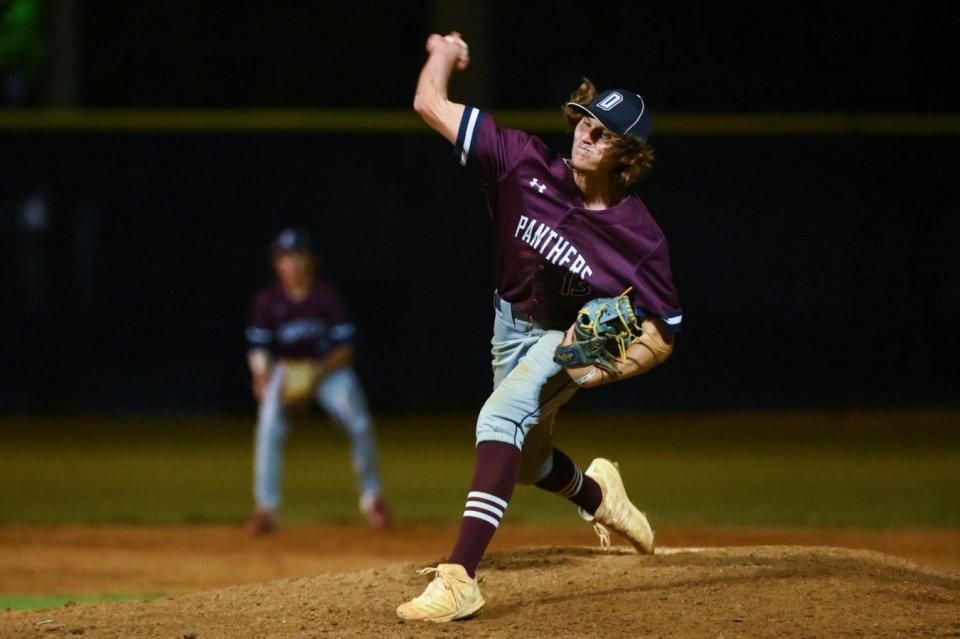 Dwyer's Bryce Jackson (13) delivers a pitch at the bottom of the sixth inning during the varsity baseball game between host Jupiter and Dwyer in Jupiter, FL., on Monday, March 28, 2022. Final score, Jupiter, 3, Dwyer, 1.