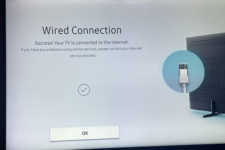 The confirmation screen you'll see when your TV is successfully connected to your router using Ethernet.