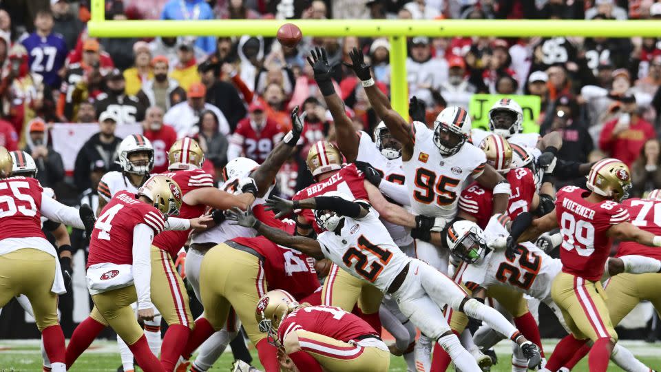 Moody attempts a game-winning field goal during the fourth quarter against the Browns; Moody would miss, giving the Browns a 19-17 win. - Ken Blaze/USA TODAY Sports/Reuters