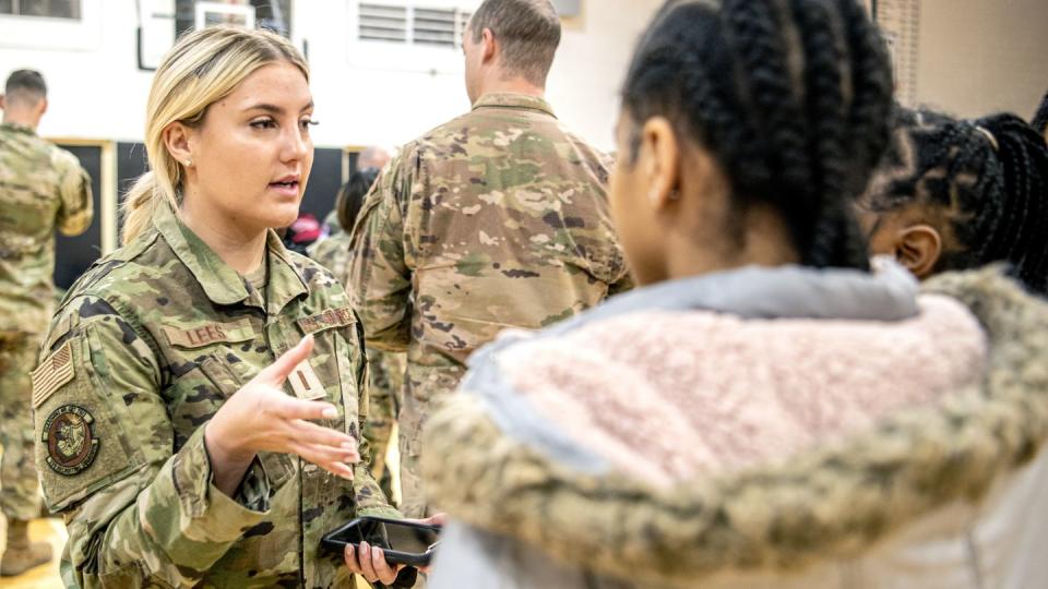 Air Force 2nd Lt. Rose Lees speaks to Air Force JROTC students at Robichaud High School in Dearborn Heights, Michigan, on Nov. 17, 2022. (Brian Boisvert/Air Force)