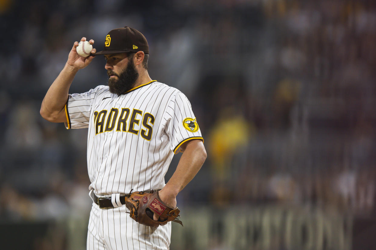 SAN DIEGO, CA - SEPTEMBER 3: Jake Arrieta #49 of the San Diego Padres pitches in the first inning against the Houston Astros  on September 3, 2021 at Petco Park in San Diego, California. (Photo by Matt Thomas/San Diego Padres/Getty Images)