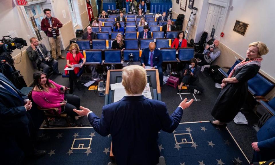 Donald Trump delivers remarks at a coronavirus briefing at the White House.