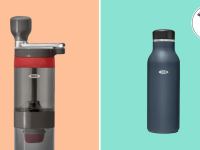 A colorful collage with an OXO water bottle and coffee grinder.