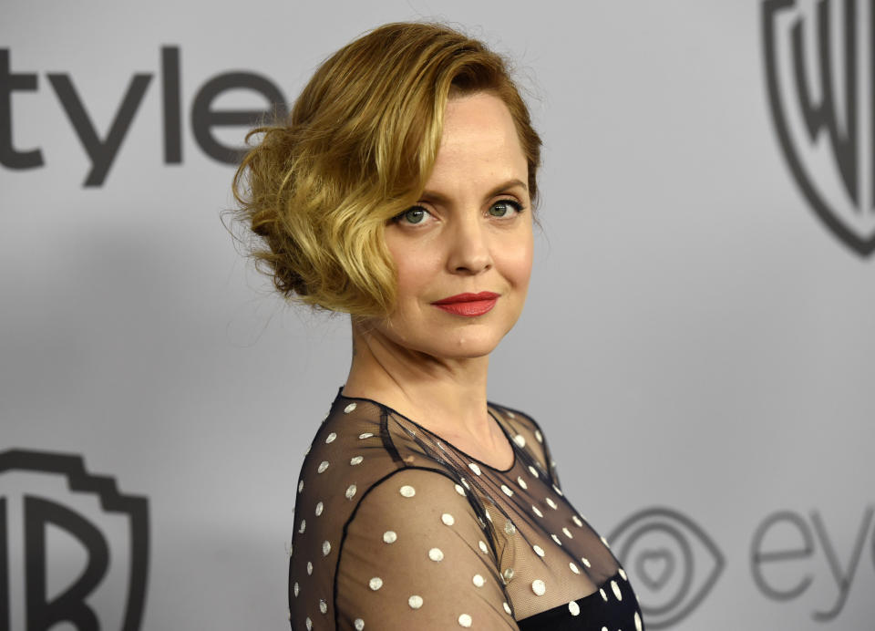 File - Mena Suvari arrives at the InStyle and Warner Bros. Golden Globes afterparty on Sunday, Jan. 7, 2018, in Beverly Hills, Calif. Suvari turns 44 on Feb. 13. (Photo by Chris Pizzello/Invision/AP, File)
