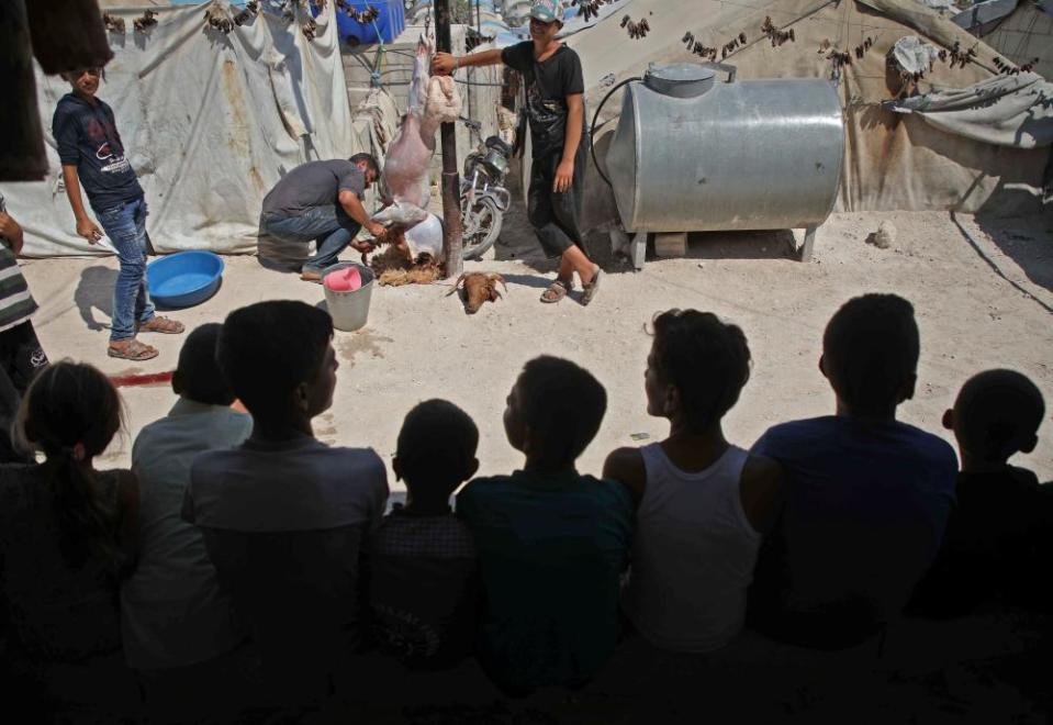 Syrian boys watch two men as they skin a sacrificed sheep at a camp for Internally Displaced Persons in Syria’s Idlib province on 12 August 2019.