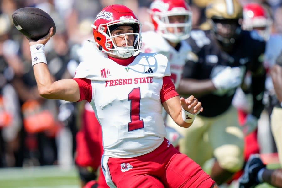 Fresno State quarterback Mikey Keene (1) throws against Purdue during the first half of an NCAA college football game in West Lafayette, Ind., Saturday, Sept. 2, 2023. (AP Photo/AJ Mast)