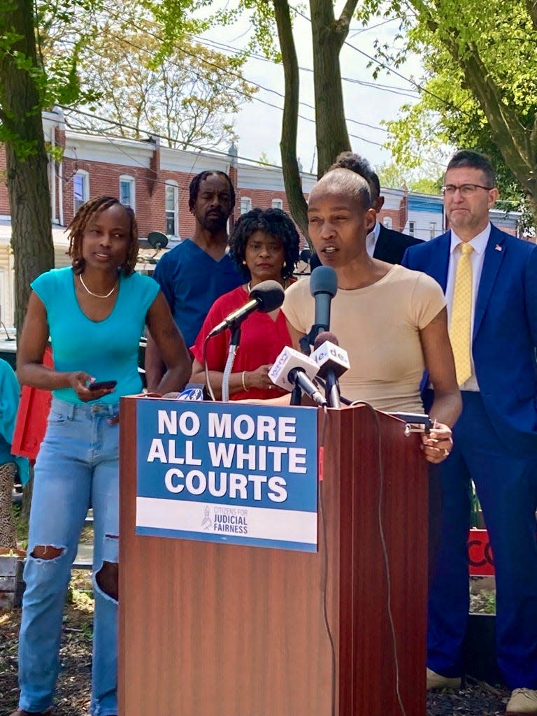 Local social justice activist Keandra McDole speaks at a rally calling for increased diversity in Chancery Court on Tuesday, April 30, 2024, in Wilmington. McDole said she would be involved in efforts to increase democratic participation within Delaware’s Black community.