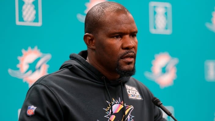 This July 2021 photo shows Brian Flores, then head coach of the Miami Dolphins, speaking with the media prior to training camp in Miami Gardens, Florida. (Photo: Mark Brown/Getty Images)